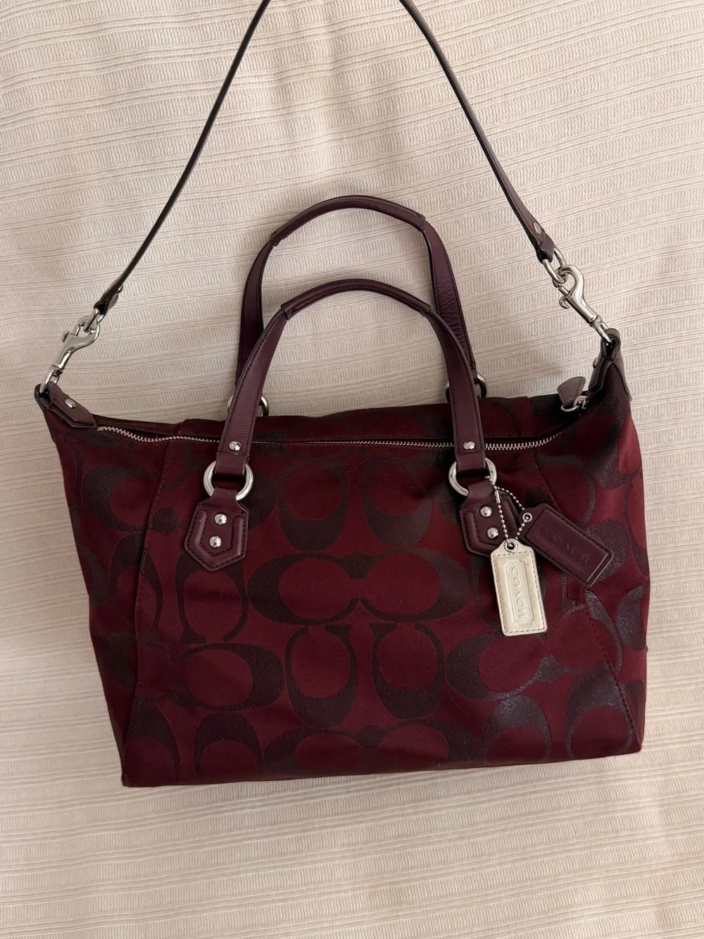 Coach Jacquard Satchel in Deep Wine and Black